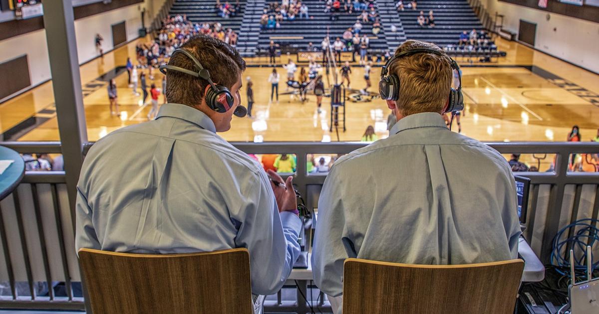 BEK TV sports broadcasters David Sugarman, left, and Noah Reed cover a recent volleyball game at Bismarck Legacy High School against Mandan High School. Photos by NDAREC/John Kary