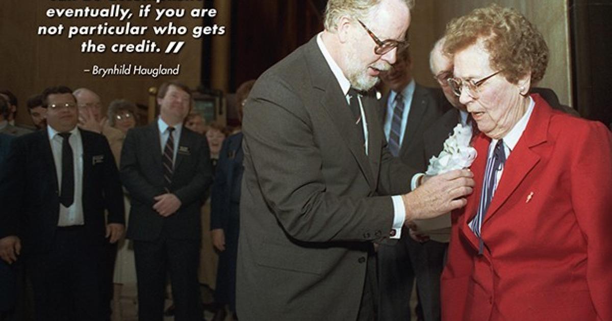 N.D. House Speaker Richard Kloubec pins a corsage on Rep. Brynhild Haugland on March 18, 1987, which was declared “Brynhild Haugland Day” by then Gov. George Sinner. Photo courtesy of The Bismarck Tribune
