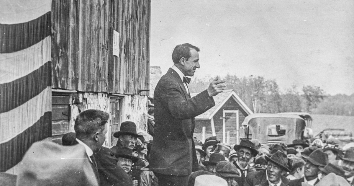 Arthur C., “A.C.,” Townley addresses a group of Nonpartisan League (NPL) members. Townley is credited with conceiving the NPL, which began as a discontented agrarian movement. The league was one of the early advocates for a state-owned bank.  Photo: State Historical Society of North Dakota, B0921-00001