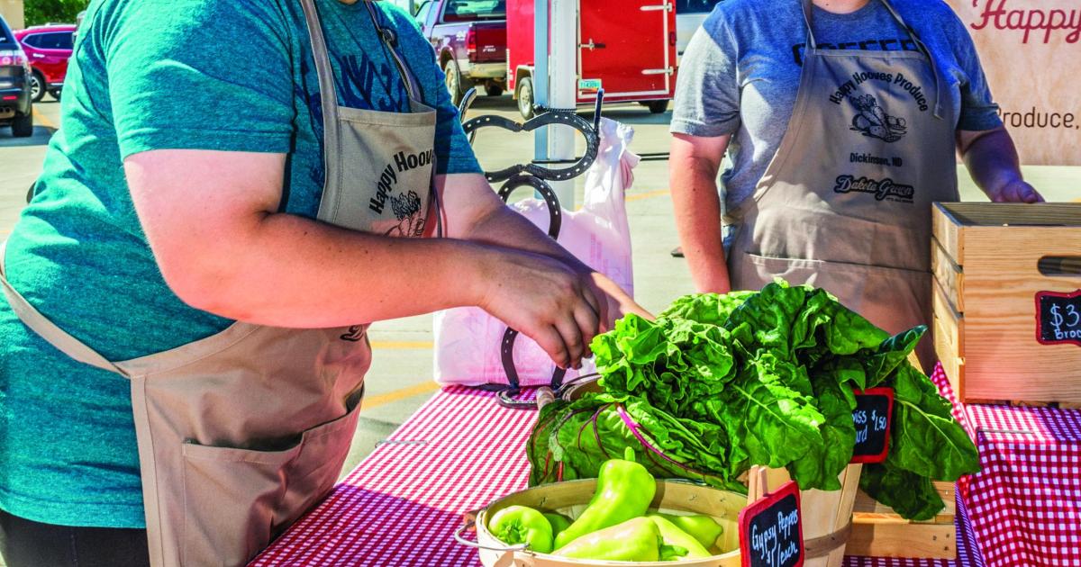 PHOTO BY NDAREC/LIZA KESSEL Dickinson State University graduates Alecia, right, and Katelin Dukart help their family farm grow vegetables, along with the traditional sheep operation. They sell their produce at the farmers market in Dickinson.