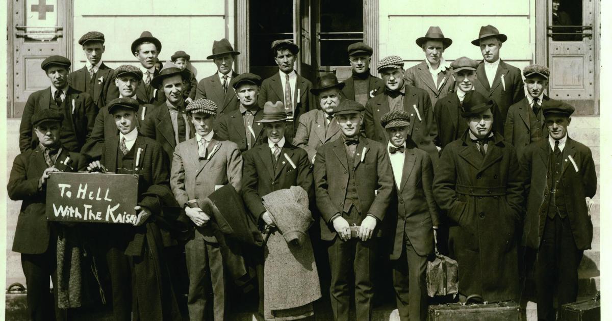 Burleigh County men assembled for a group photo in Bismarck on March 29, 1918, just before deployment to serve in WWI.  STATE HISTORICAL SOCIETY OF N.D. PHOTO