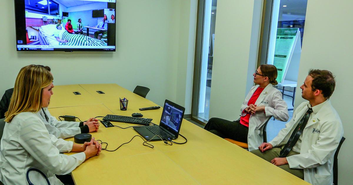 UND medical students on both sides of the camera work on their “webside manner” at the School of Medicine & Health Sciences.