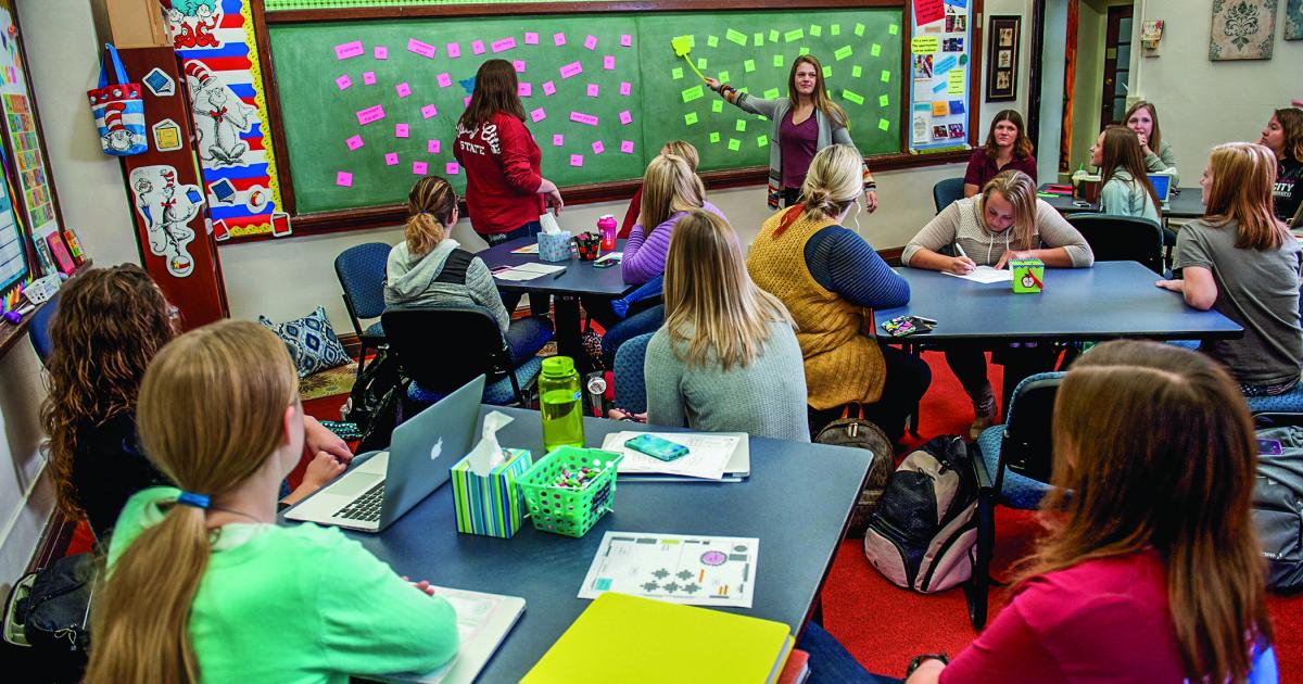 Educating future teachers is a central focus at Valley City State University. These VCSU elementary education students practice teaching to peers in the model classroom on campus.
