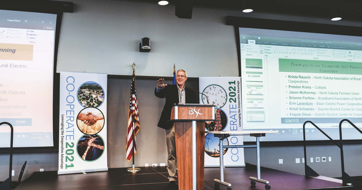 Frayne Olson, executive director, Quentin Burdick Center for Cooperatives, welcomes attendees to Co-operate 2021, a convening event that brought cooperative leaders together to celebrate, collaborate and expand the impact of cooperatives.