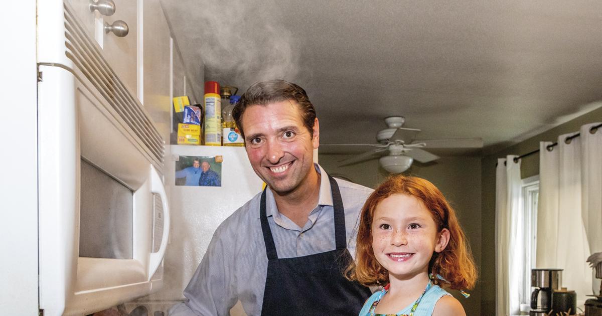 Jeff Benda, the Wild Game and Fish Chef, and daughter, Lucia, 6, prepare venison stroganoff at home in Fargo. Photo by NDAREC/Liza Kessel
