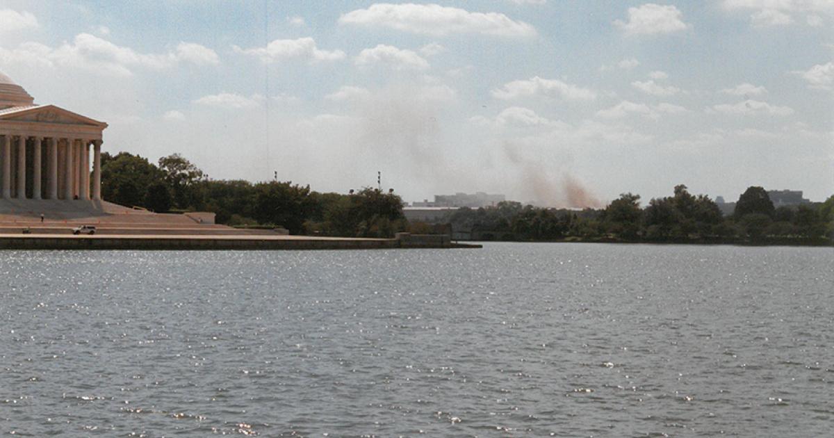Hours after the Sept. 11, 2001, attack, smoke from the Pentagon can be seen beyond the Jefferson Memorial in Washington, D.C. A state of emergency had been declared and everyone was ordered off the streets. PHOTOS COURTESY PAM MUSLAND/NDFU
