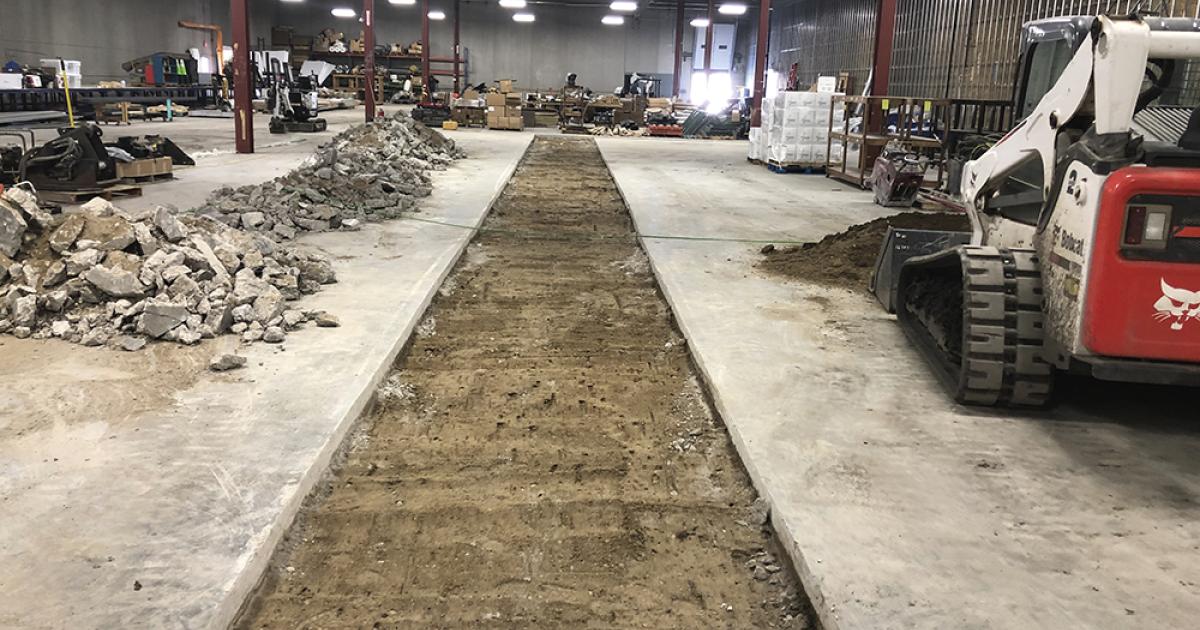 Trench drains for an indoor gardening center were installed in the Spirit Lake Food Distribution building in March. The indoor gardening center will provide more than 1,000 tribal members with access to fresh, locally sourced food year-round, in addition to providing skilled jobs on the reservation. PHOTO BY MARY GREENE TROTTIER