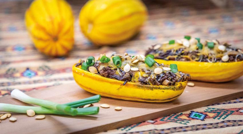 Stuffed Squash with Bison, Apple and Wild Rice