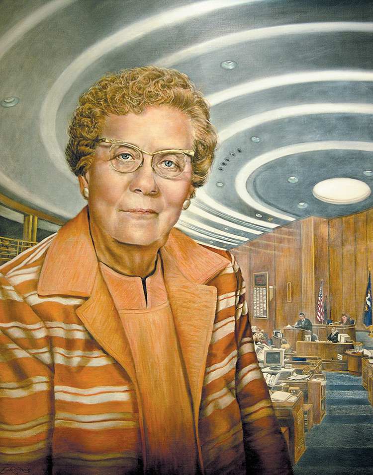 Painted by Ann Linton Hodge and presented 25 years ago on March 20, 1995, this portrait of Brynhild Haugland resides in the Theodore Roosevelt Rough Rider Hall of Fame, located in the lower level of the N.D. State Capitol. Photo courtesy N.D. governor’s office